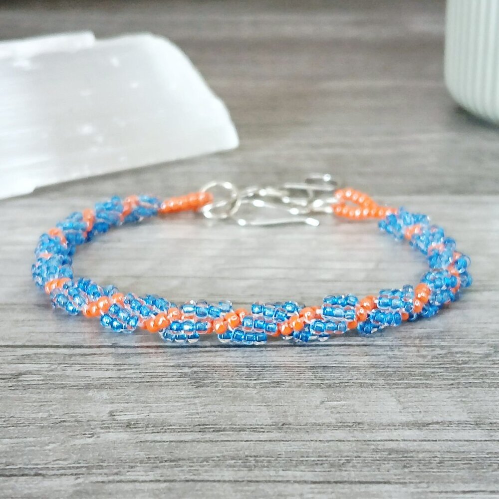 Blue & Orange Spiral Rope Beaded Bracelet, Adjustable Handmade Boho